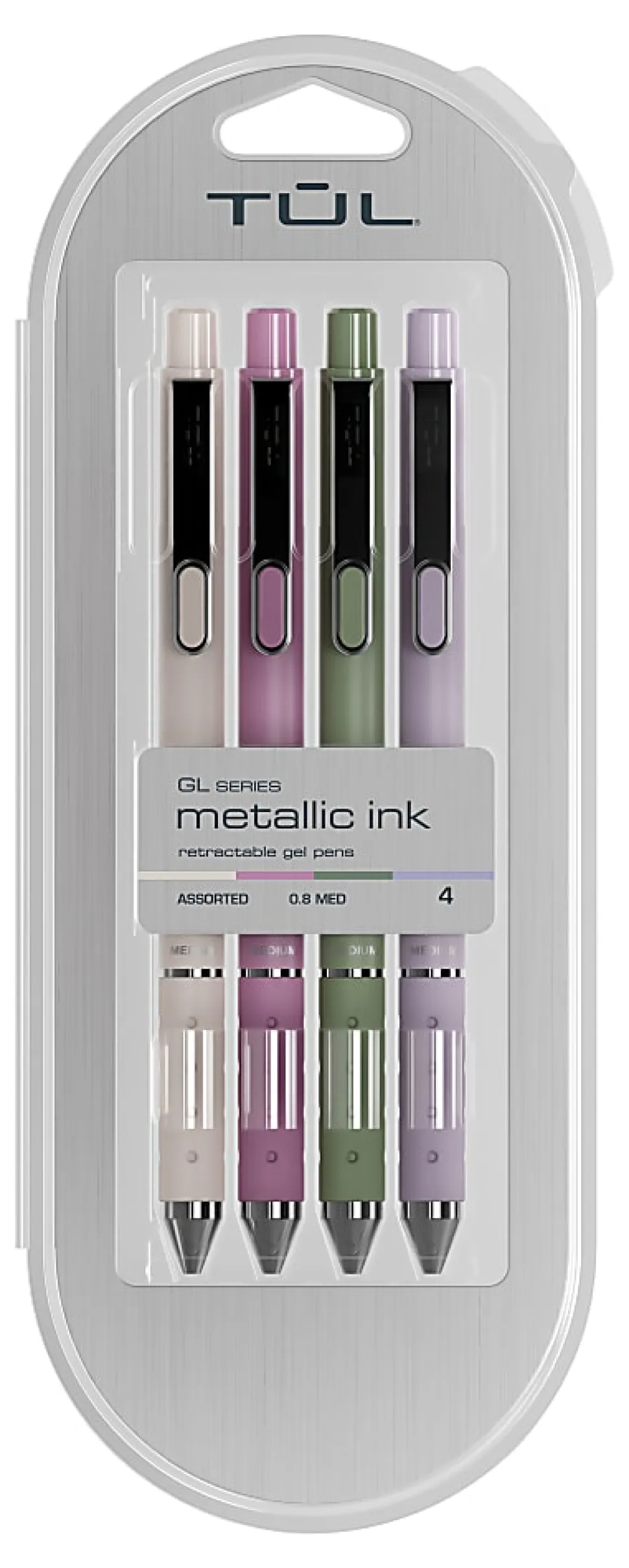 TUL® GL Series Retractable Gel Pens, Medium Point, 0.8 mm, Assorted Gunmetal Barrel Colors, Assorted Metallic Ink, Pack Of 4 Pens