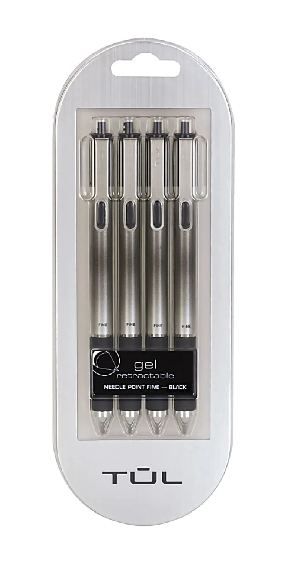 TUL® GL Series Retractable Gel Pens, Needle Point, 0.7 mm, Silver Barrel, Black Ink, Pack Of 4 Pens