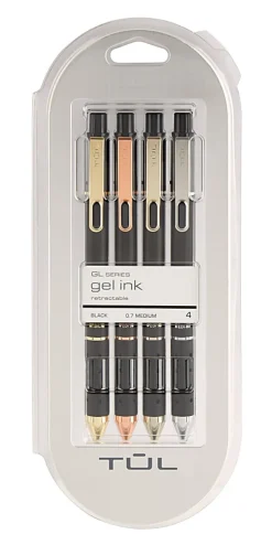 TUL® GL Series Retractable Gel Pens, Mixed Metals, Medium Point, 0.7 mm, Black Barrel, Black Ink, Pack Of 4 Pens
