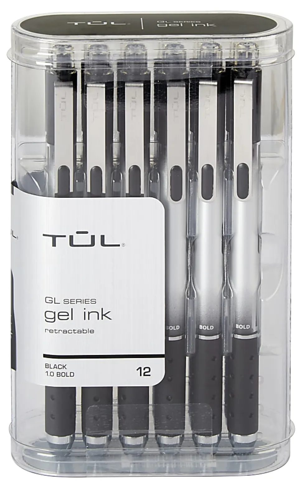 TUL® GL Series Retractable Gel Pens, Bold Point, 1.0 mm, Silver Barrel, Black Ink, Pack Of 12 Pens