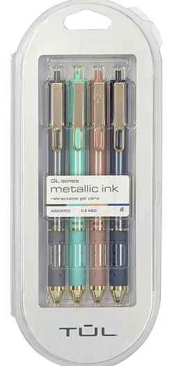 TUL® GL Series Retractable Gel Pens, Medium Point, 0.8 mm, Assorted Barrel Colors, Assorted Metallic Inks, Pack Of 4 Pens