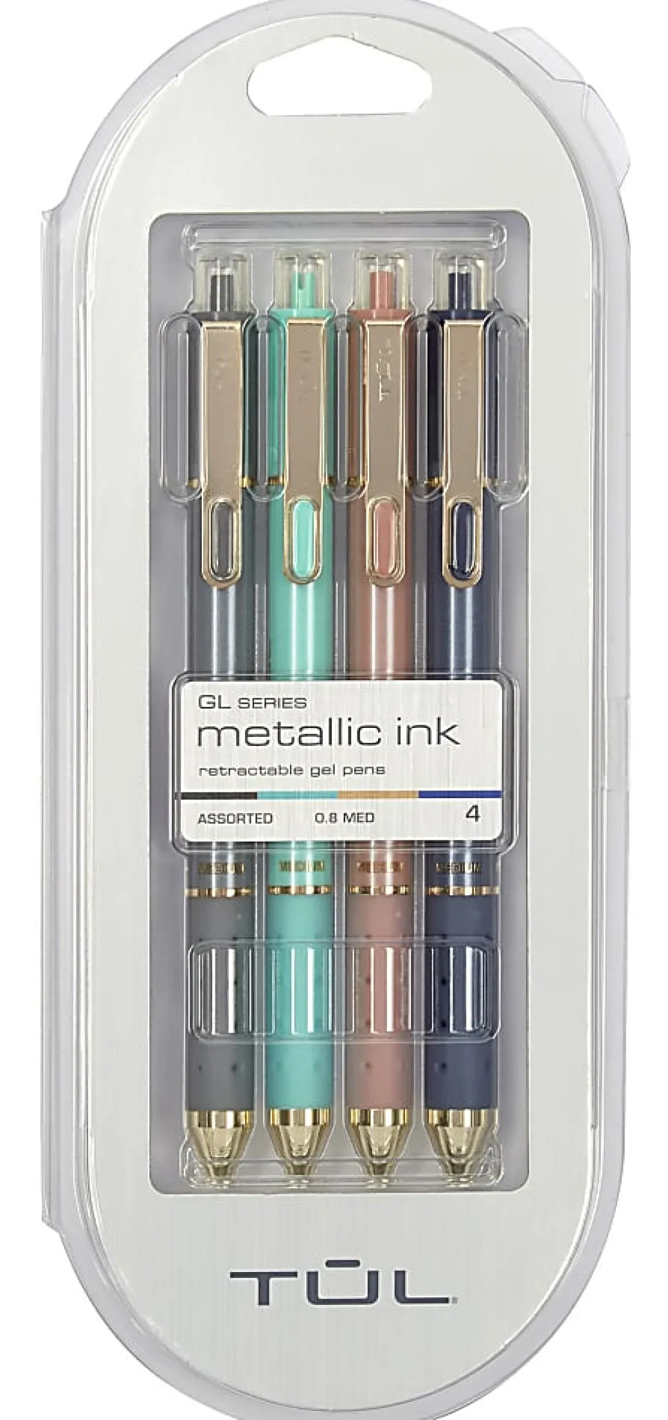 TUL® GL Series Retractable Gel Pens, Medium Point, 0.8 mm, Assorted Barrel Colors, Assorted Metallic Inks, Pack Of 4 Pens