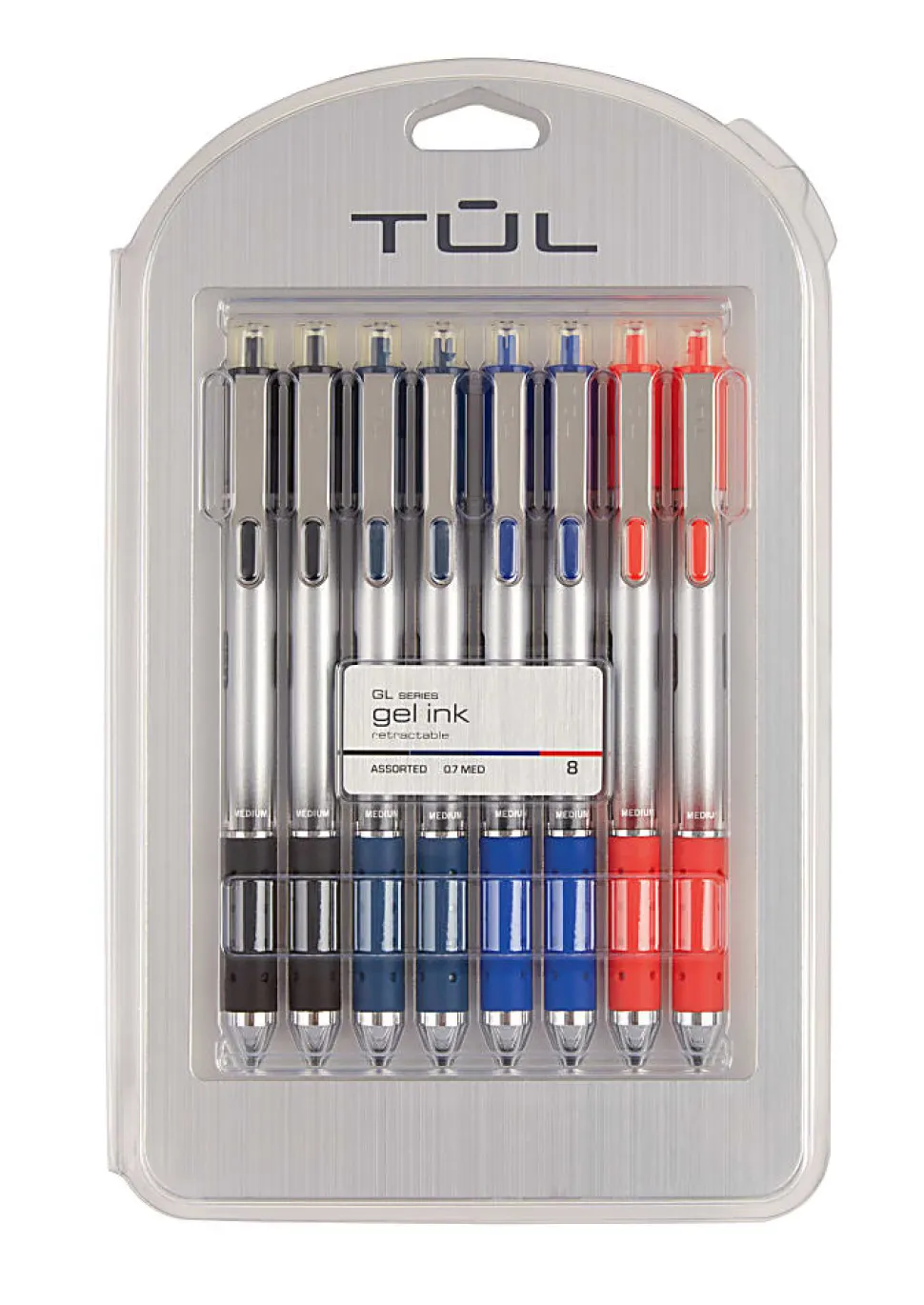 TUL® GL Series Retractable Gel Pens, Medium Point, 0.7 mm, Sliver Barrel, Assorted Standard Inks, Pack Of 8 Pens