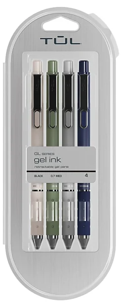 TUL® GL Series Retractable Gel Pens, Medium Point, 0.7 mm, Assorted Gunmetal Barrel Colors, Black Ink, Pack Of 4 Pens