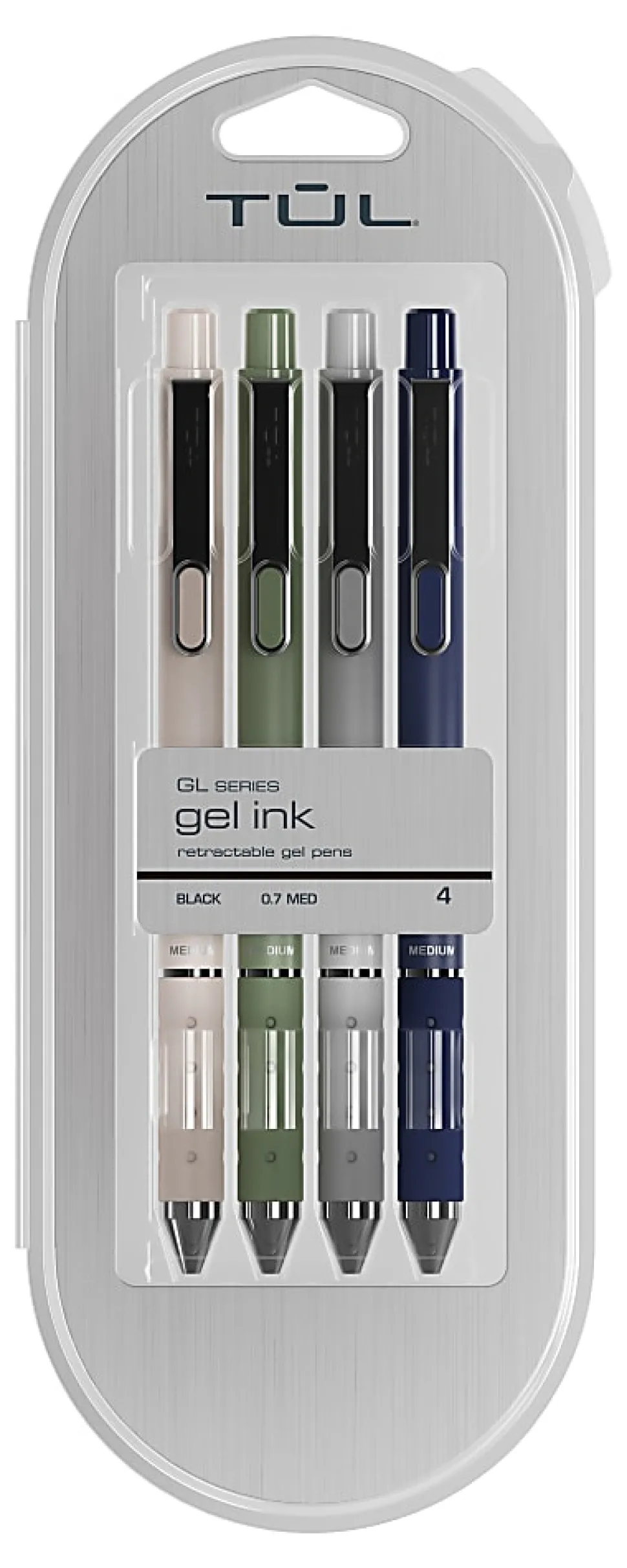 TUL® GL Series Retractable Gel Pens, Medium Point, 0.7 mm, Assorted Gunmetal Barrel Colors, Black Ink, Pack Of 4 Pens
