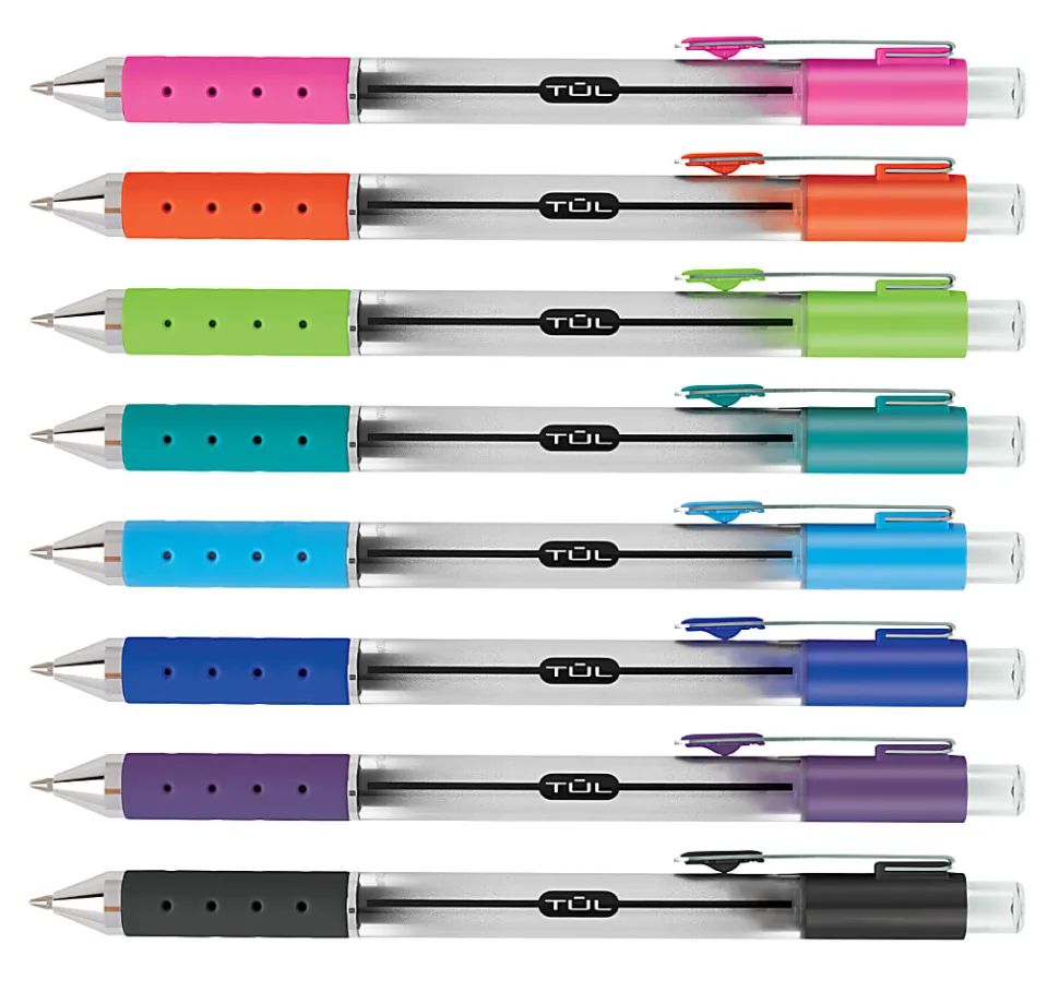 TUL® GL Series Retractable Gel Pens, Fine Point, 0.5 mm, Silver Barrel, Assorted Bright Inks, Pack Of 8 Pens