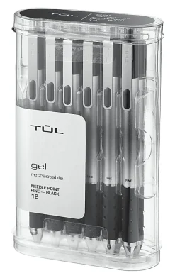 TUL® GL Series Retractable Gel Pens, Needle Point, 0.5 mm, Silver Barrel, Black Ink, Pack Of 12 Pens