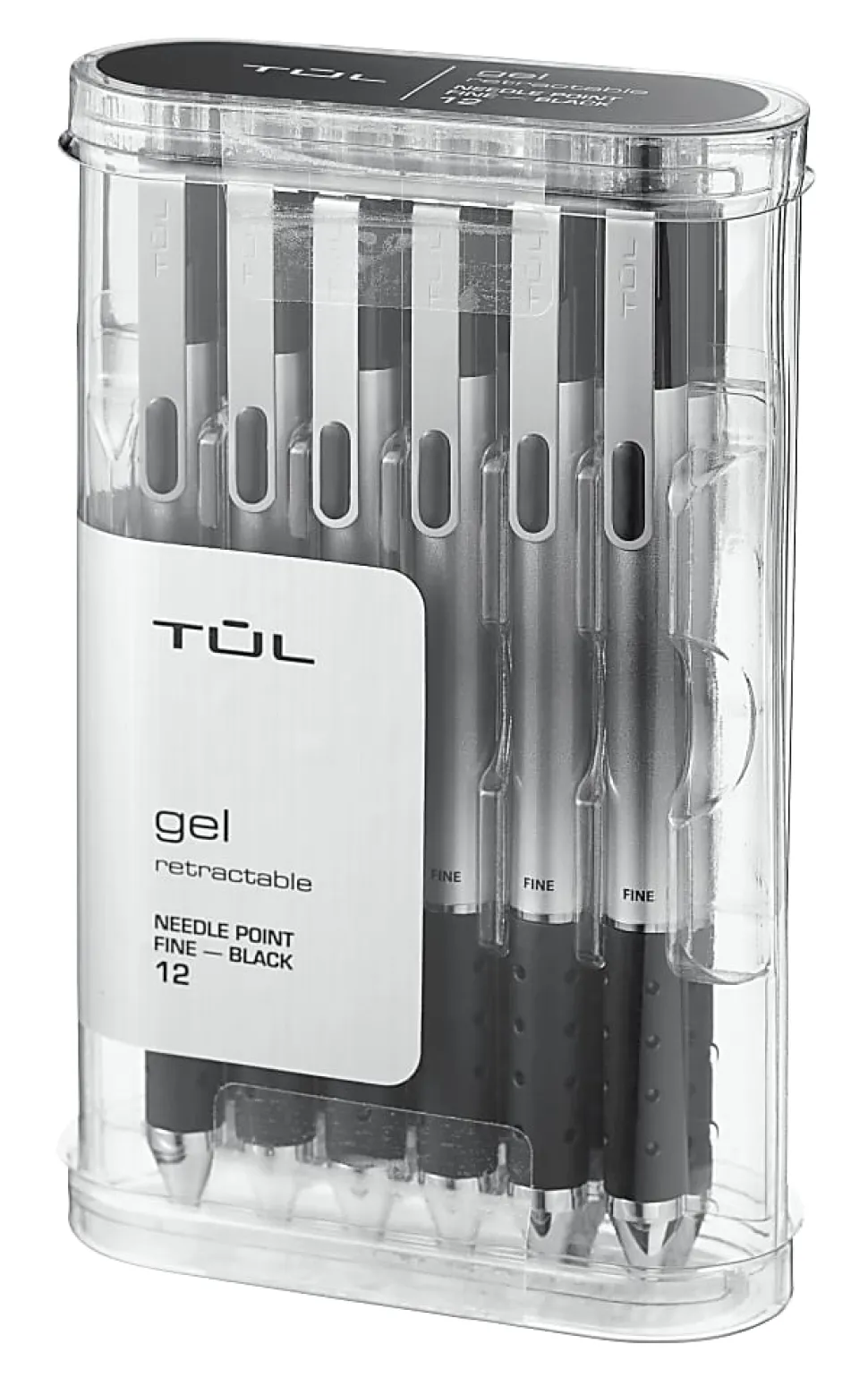 TUL® GL Series Retractable Gel Pens, Needle Point, 0.5 mm, Silver Barrel, Black Ink, Pack Of 12 Pens
