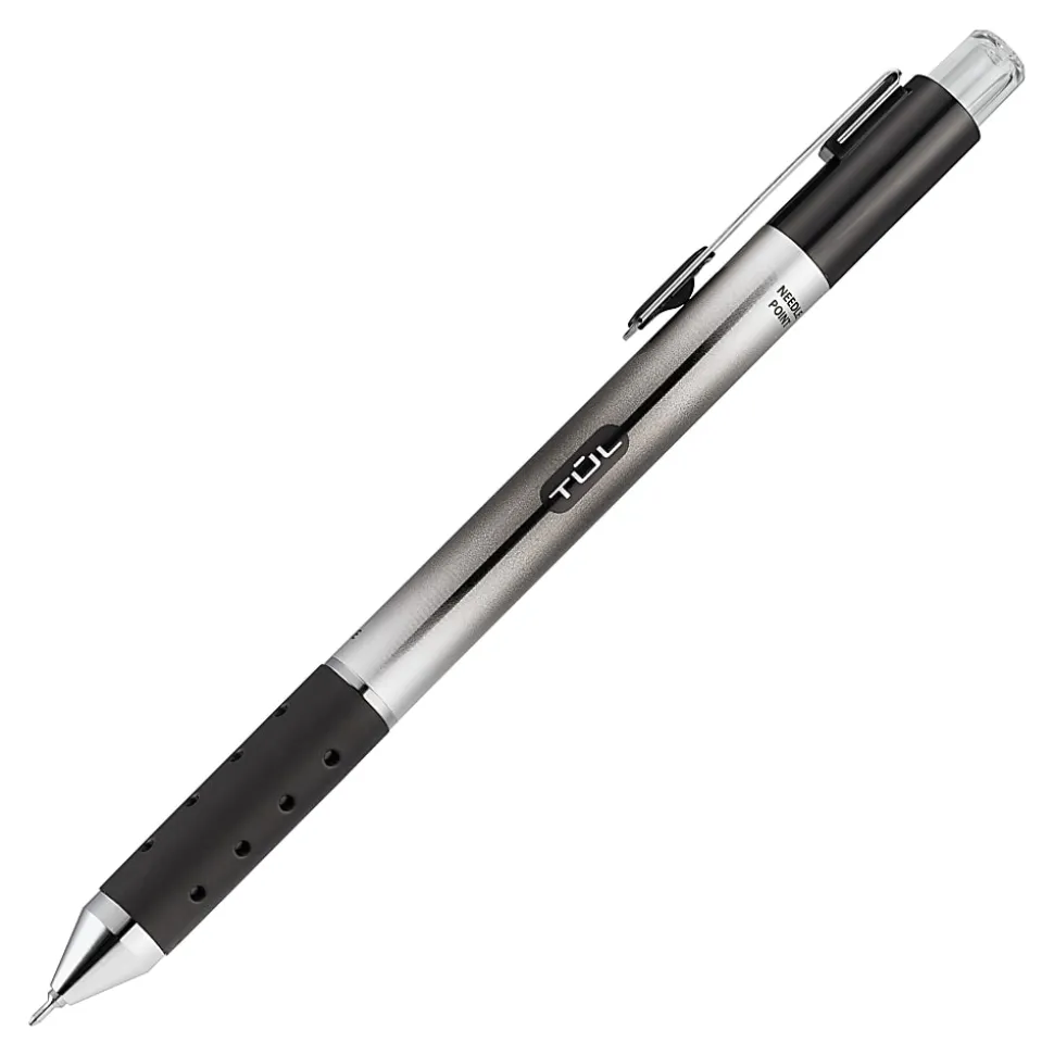TUL® GL Series Retractable Gel Pens, Needle Point, 0.5 mm, Silver Barrel, Black Ink, Pack Of 12 Pens