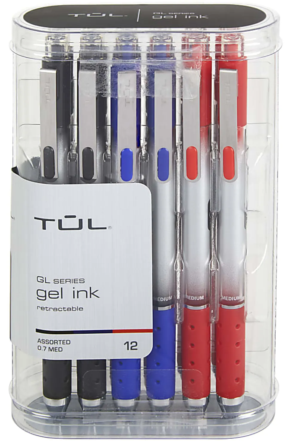 TUL® GL Series Retractable Gel Pens, Medium Point, 0.7 mm, Silver Barrel, Assorted Business Inks, Pack Of 12 Pens