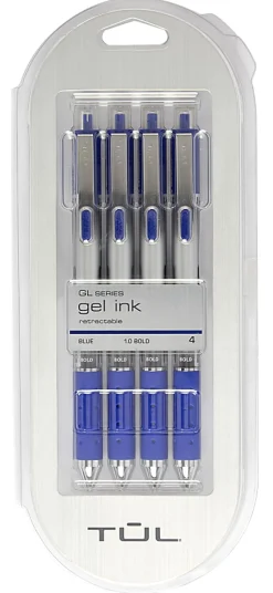 TUL® GL Series Retractable Gel Pens, Bold Point, 1.0 mm, Silver Barrel, Blue Ink, Pack Of 4 Pens
