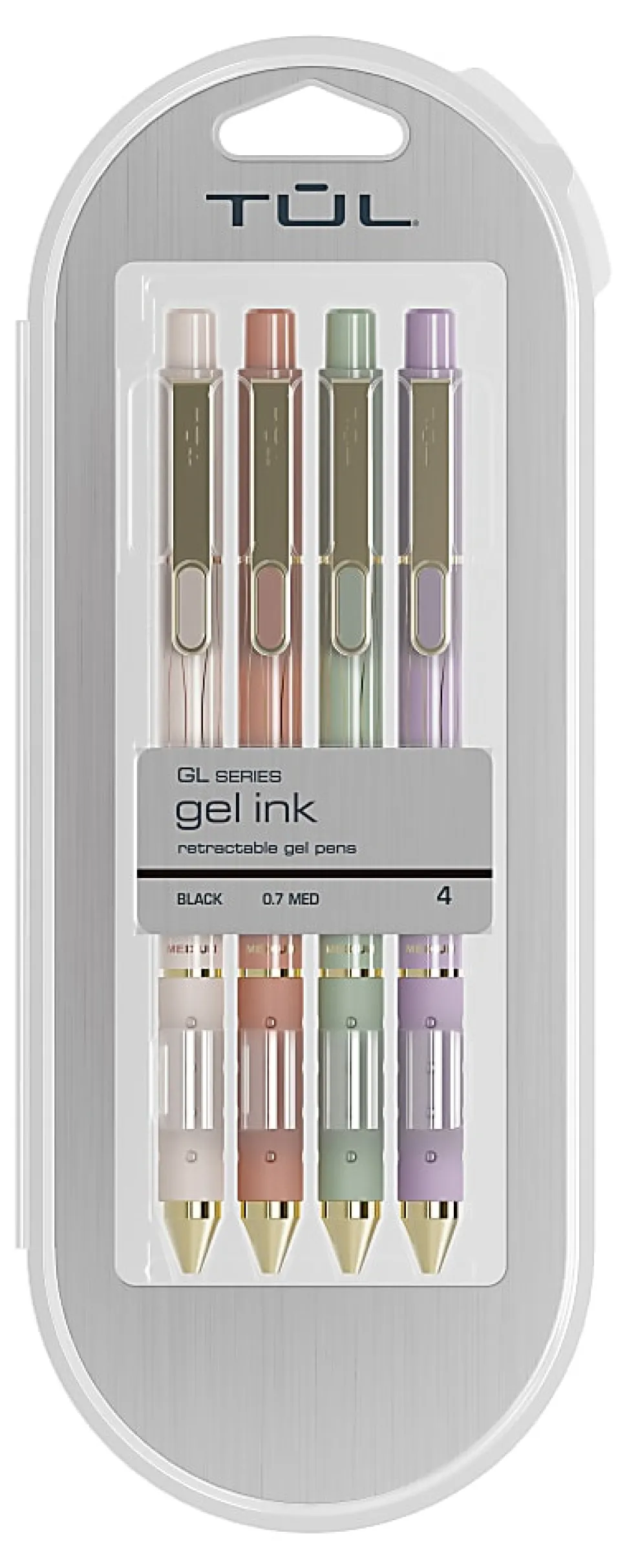 TUL® GL Series Retractable Gel Pens, Medium Point, 0.7 mm, Assorted Barrel Colors With Gold Lines, Black Ink, Pack Of 4 Pens