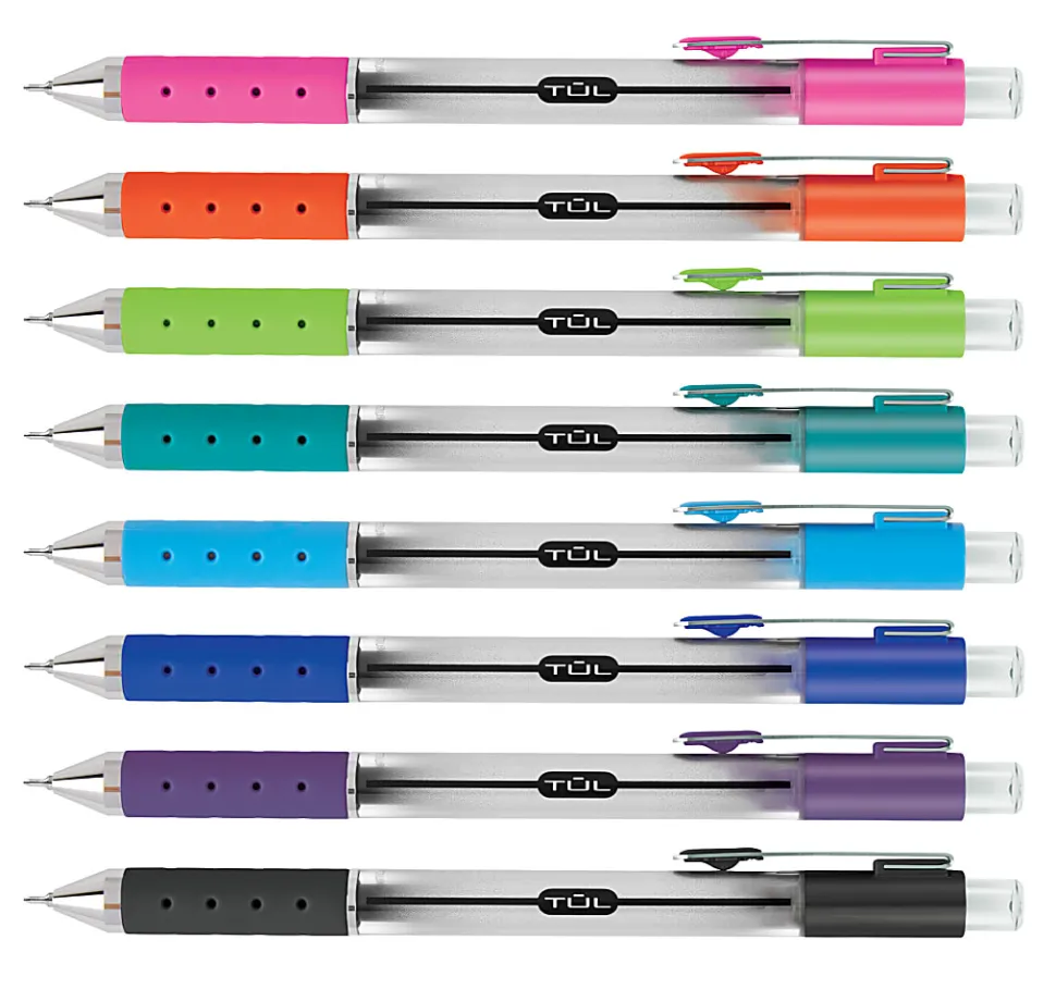 TUL® GL Series Retractable Gel Pens, Needle Point, 0.7 mm, Silver Barrel, Assorted Bright Inks, Pack Of 8 Pens
