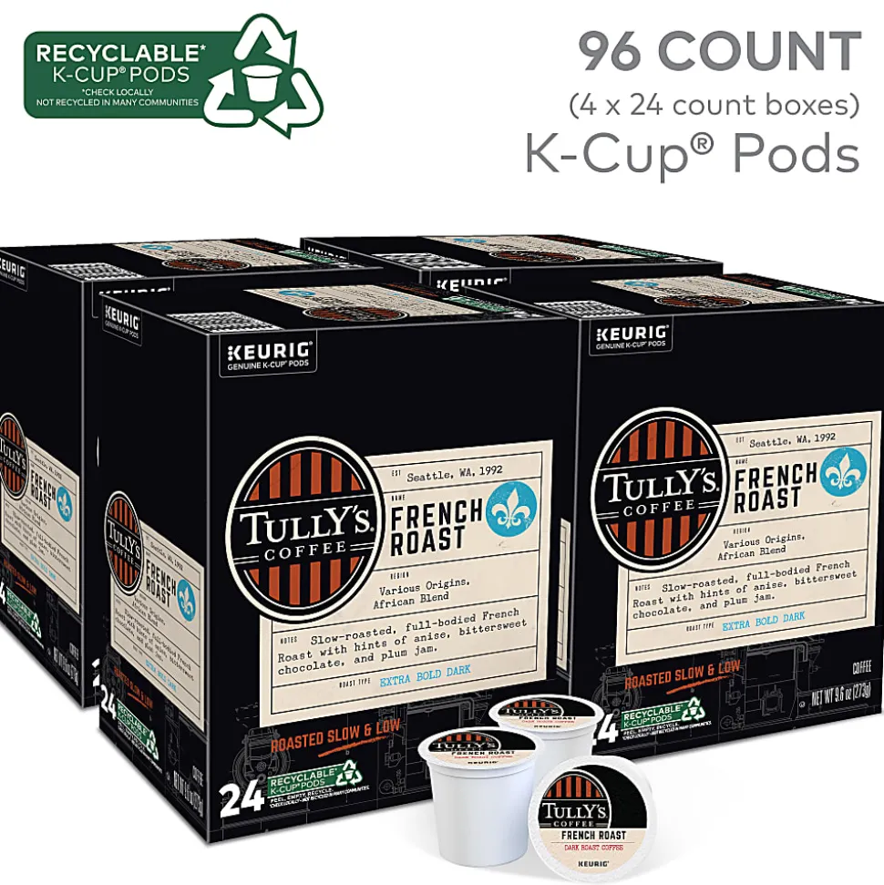 Tully's Coffee French Roast Keurig Single-Serve K-Cup Pods, Dark Roast, 24 Pods Per Pack, Case Of 4 Packs