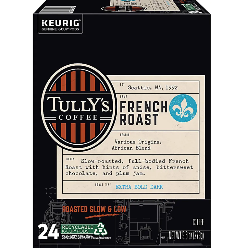 Tully's Coffee French Roast Keurig Single-Serve K-Cup Pods, Dark Roast, 24 Pods Per Pack, Case Of 4 Packs