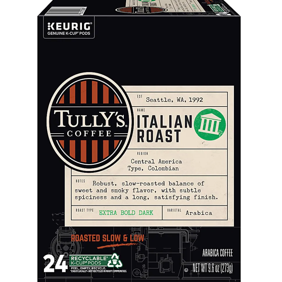 Tully's Coffee Italian Roast Keurig Single-Serve K-Cup Pods, Dark Roast, 24 Pods Per Pack, Case Of 4 Packs