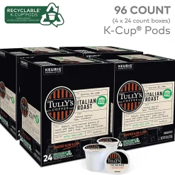 Tully's Coffee Italian Roast Keurig Single-Serve K-Cup Pods, Dark Roast, 24 Pods Per Pack, Case Of 4 Packs