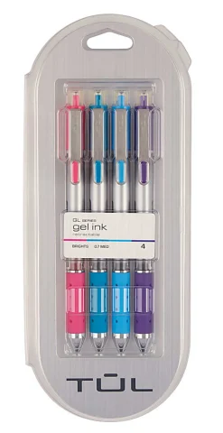TUL® Retractable Gel Pens, Medium Point, 0.7 mm, Silver Barrel, Assorted Ink, Pack Of 4