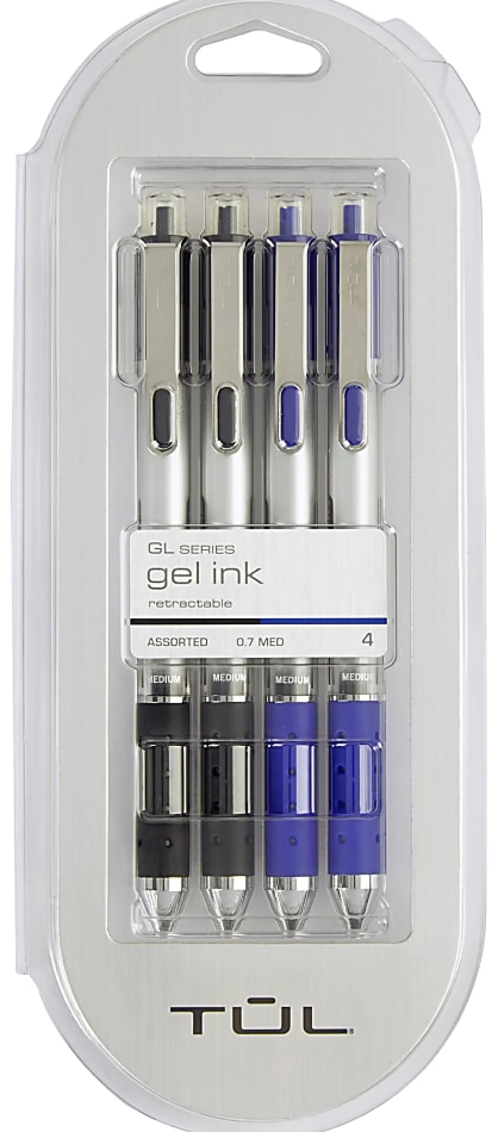 TUL® Retractable Gel Pens, Medium Point, 0.7 mm, Silver Barrel, Black And Blue Inks, Pack Of 4 Pens