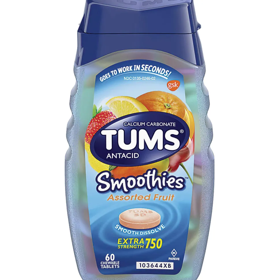 TUMS Smoothies Extra-Strength Antacid Chewable Tablets, Assorted Fruits, 60 Tablets Per Bottle