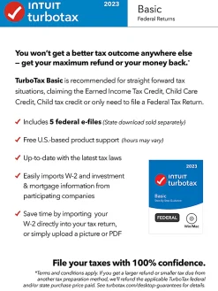 TurboTax Basic 2023 Federal Only + E-file, For PC/Mac, Disc Or Download