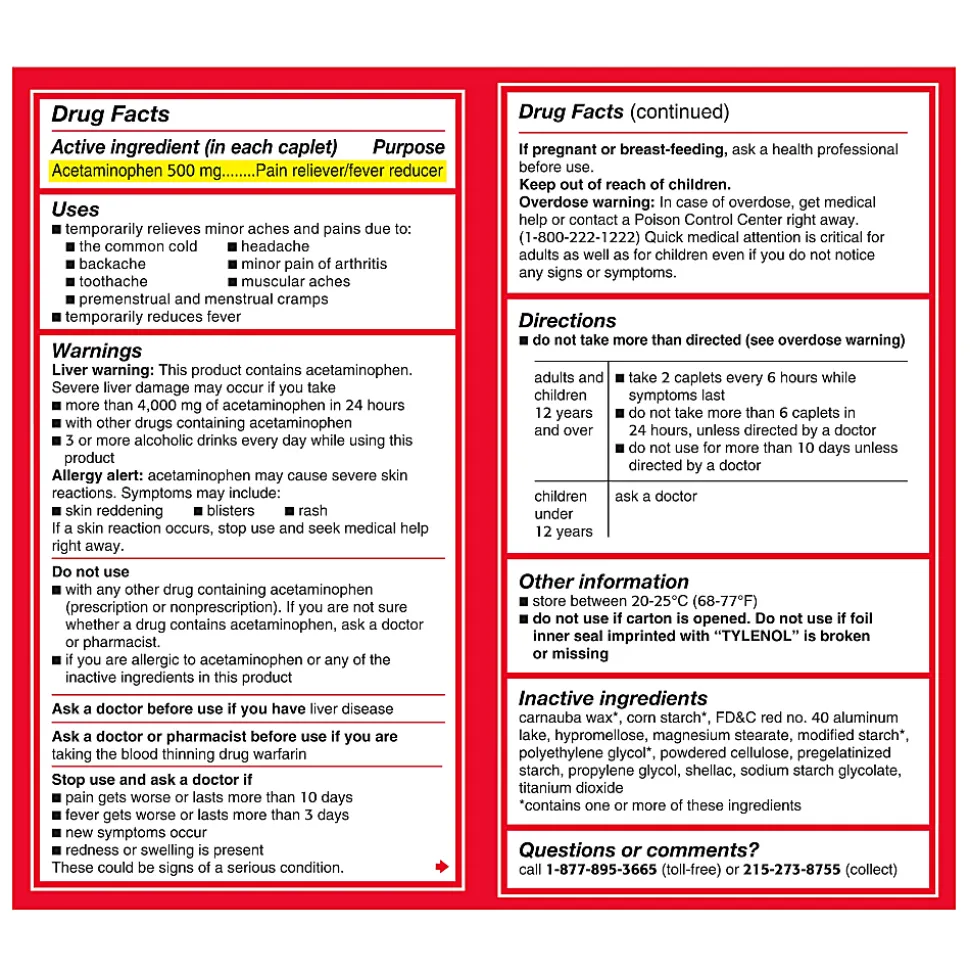 Tylenol Extra Strength Caplets with 500 mg Acetaminophen, Box of 100 Caplets