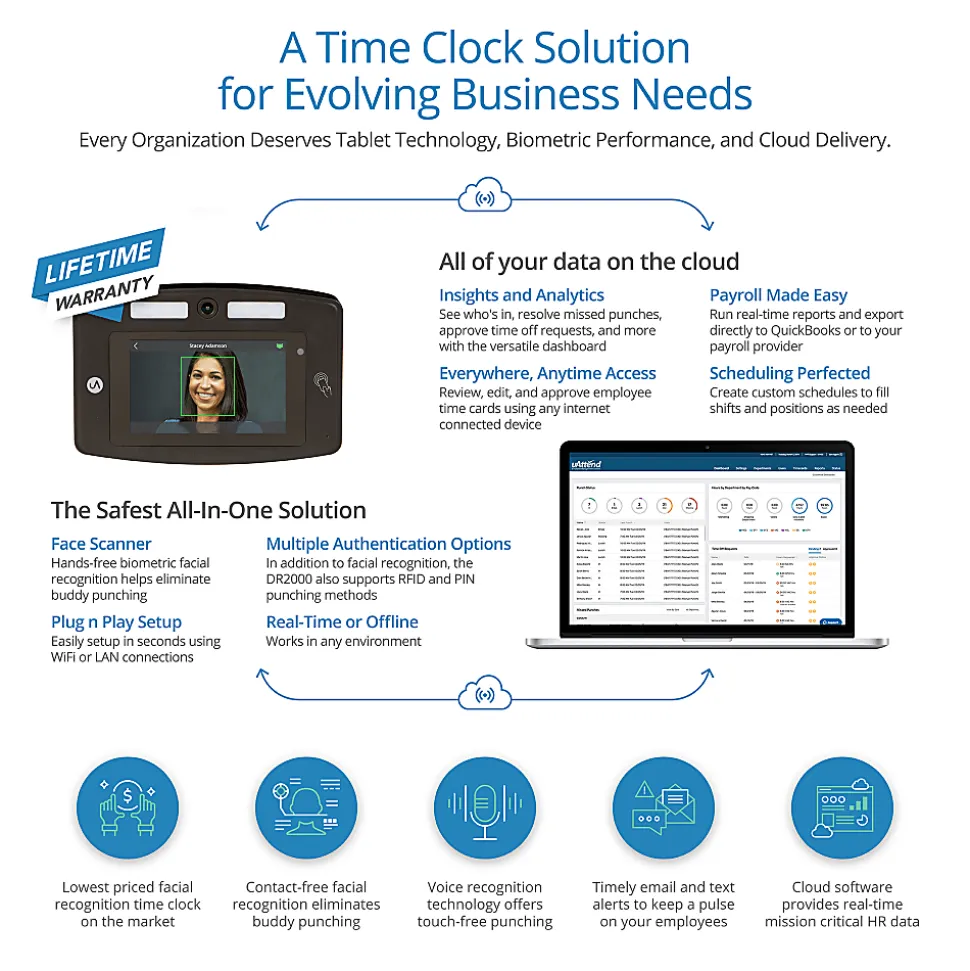 uAttend Touch-Free Facial Recognition Time Clock, DR2000