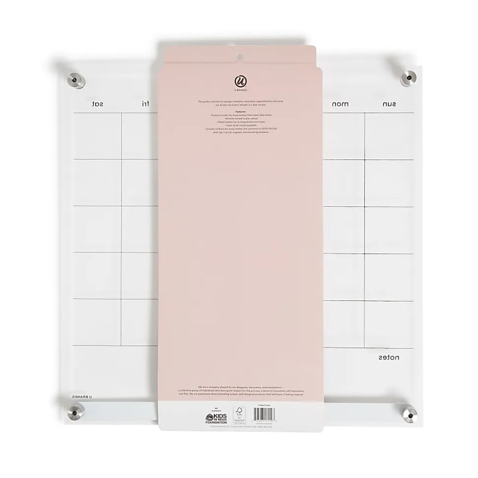 U Brands® Acrylic Monthly Calendar Dry-Erase Board With Magnetic Bulletin Bar, 16” x 16”, Clear