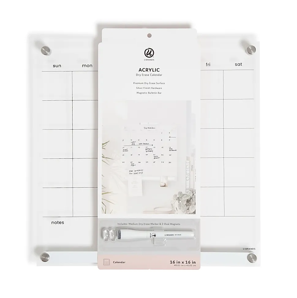 U Brands® Acrylic Monthly Calendar Dry-Erase Board With Magnetic Bulletin Bar, 16” x 16”, Clear