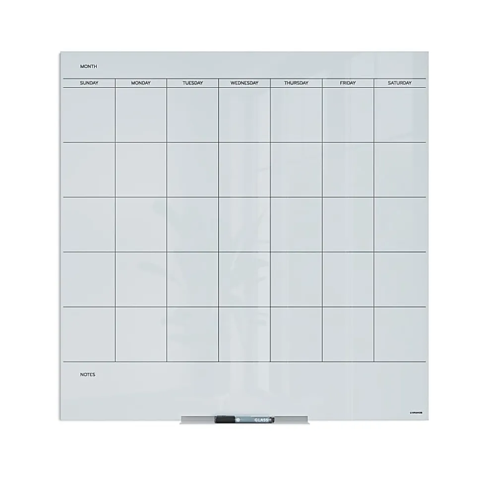 U Brands® Floating Glass Dry-Erase Monthly Calendar Board, 36" X 36", White Frosted Surface, Frameless, Actual Size 35" X 35" (2910U00-01)