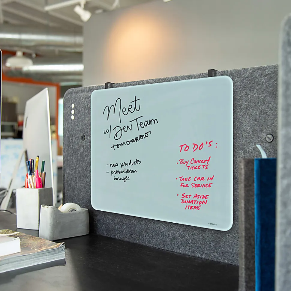 U Brands® Frameless Magnetic Cubicle/Wall Glass Dry Erase Board, 20" X 16", Frosted White