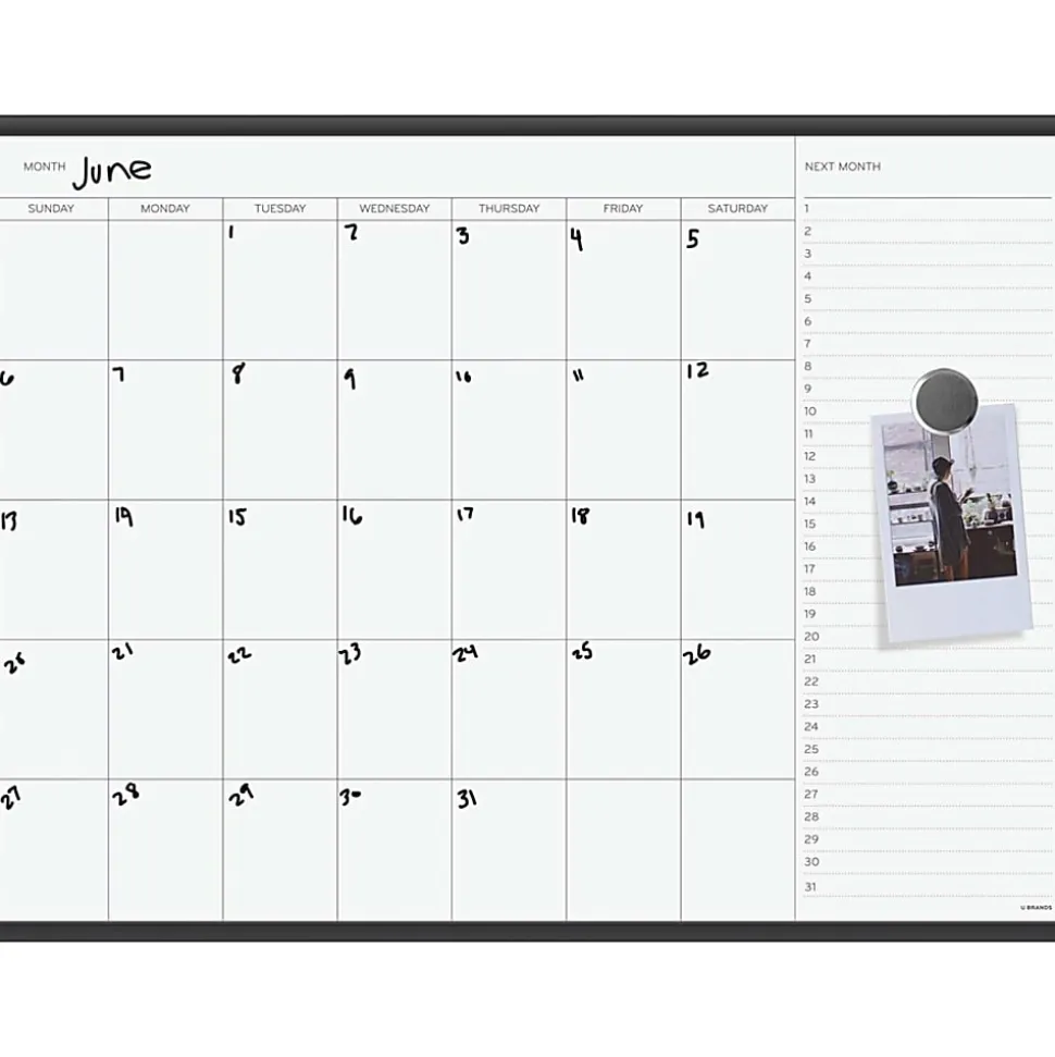 U Brands Magnetic Dry-Erase Monthly Calendar Board, 36" X 24", Black Aluminum Frame, Actual Size 35" X 23" (2899U00-01)
