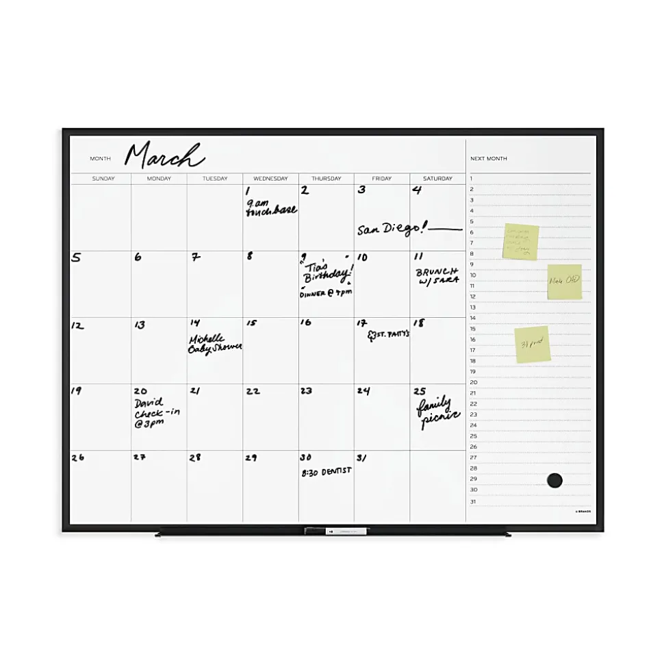 U Brands Magnetic Dry-Erase Monthly Calendar Board, 48" X 36", Black Aluminum Frame, Actual Size 47" X 35" (2900U00-01)
