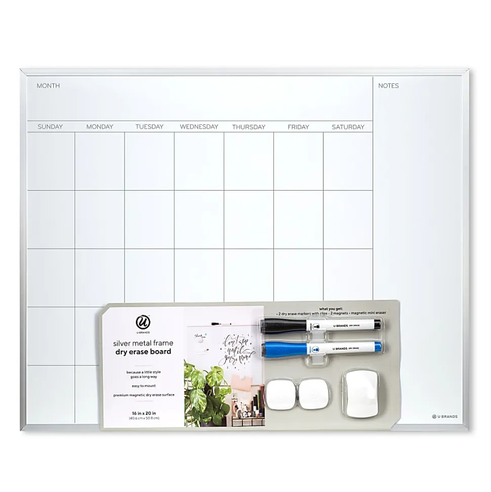 U Brands® Magnetic Dry-Erase White Calendar Whiteboard, 16" x 20", Aluminum Frame With Silver Finish