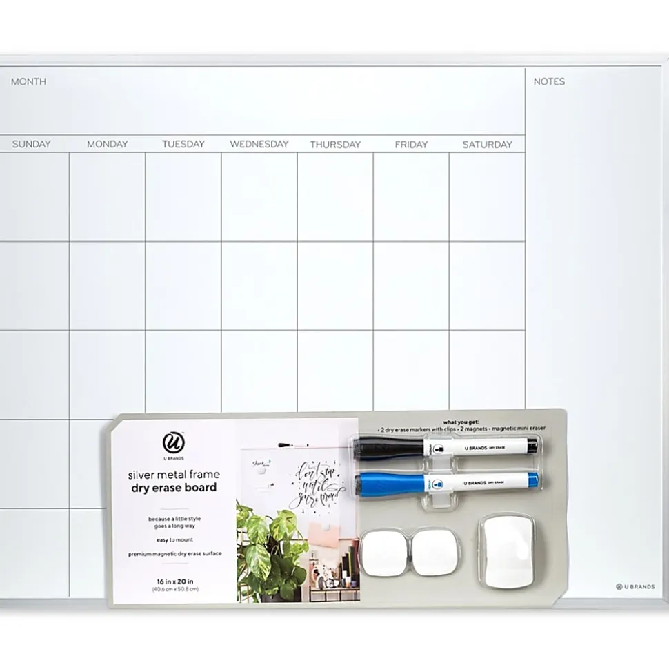 U Brands® Magnetic Dry-Erase White Calendar Whiteboard, 16" x 20", Aluminum Frame With Silver Finish