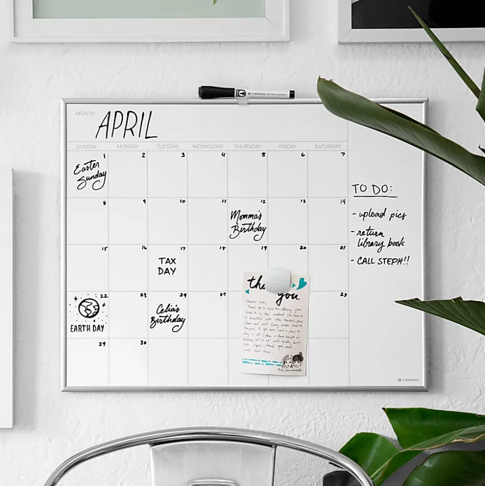 U Brands® Magnetic Dry-Erase White Calendar Whiteboard, 16" x 20", Aluminum Frame With Silver Finish