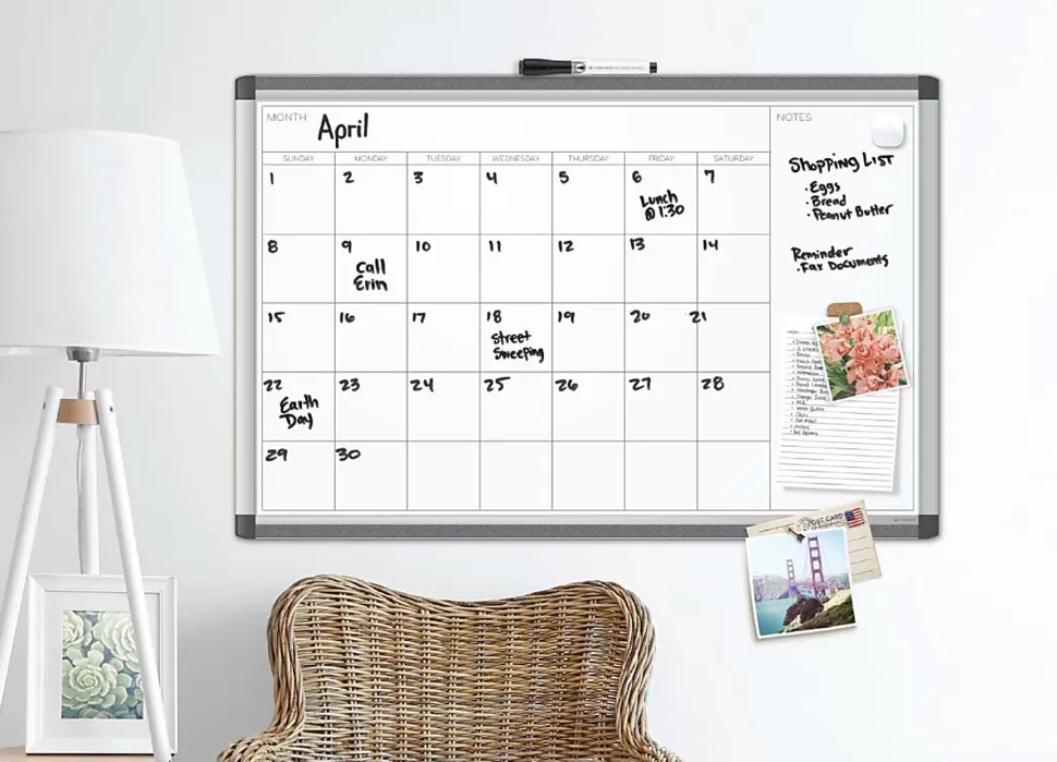U Brands PINIT Magnetic Dry-Erase Monthly Calendar Board, 48" X 36", Silver Aluminum Frame, Actual Size 47" X 35" (2903U00-01)