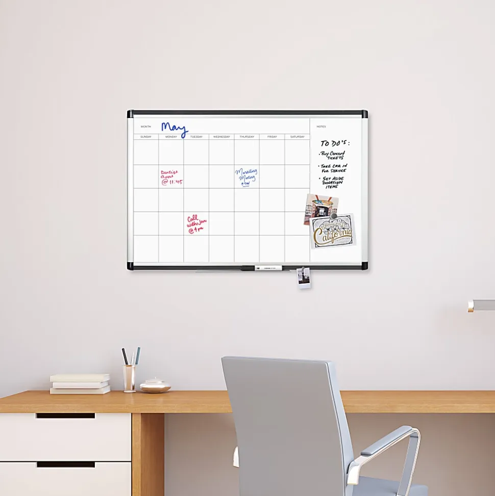 U Brands PINIT Magnetic Dry-Erase Monthly Calendar Board, 36" X 24", Silver Aluminum Frame, Actual Size 35" X 23" (2901U00-01)