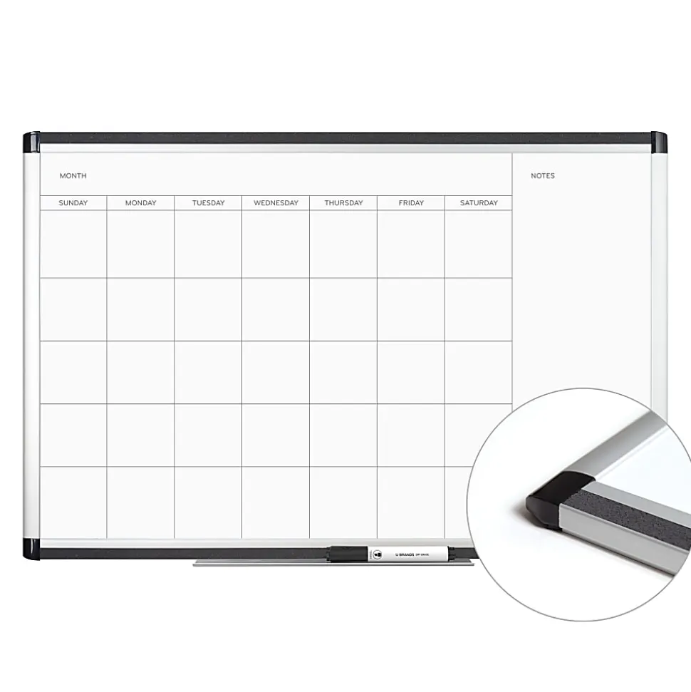 U Brands PINIT Magnetic Dry-Erase Monthly Calendar Board, 36" X 24", Silver Aluminum Frame, Actual Size 35" X 23" (2901U00-01)