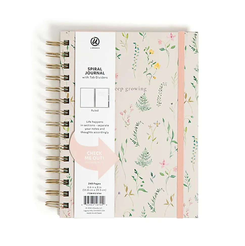 U Brands® Spiral Journal, With 3 Tab Dividers, 6" x 8", Pressed Botanical, Total Quantity 1