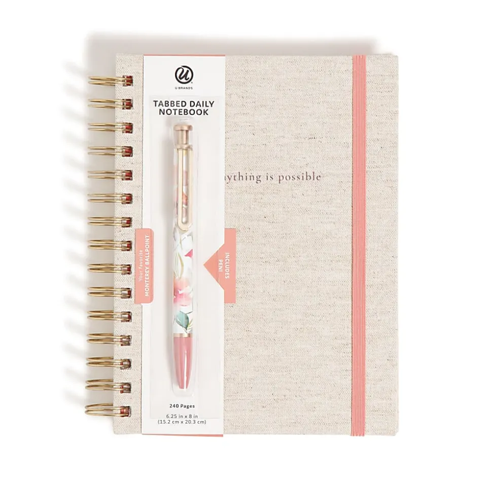 U Brands® 3-Tab Spiral Journal And Monterey Pen Set, 6” x 8”, College Rule, 240 Pages (120 Sheets), Linen Botanical Studies