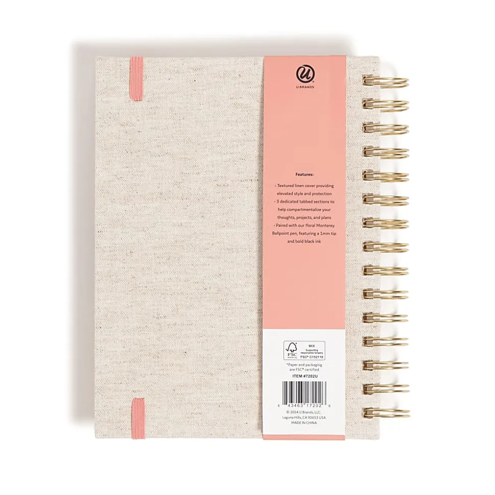 U Brands® 3-Tab Spiral Journal And Monterey Pen Set, 6” x 8”, College Rule, 240 Pages (120 Sheets), Linen Botanical Studies