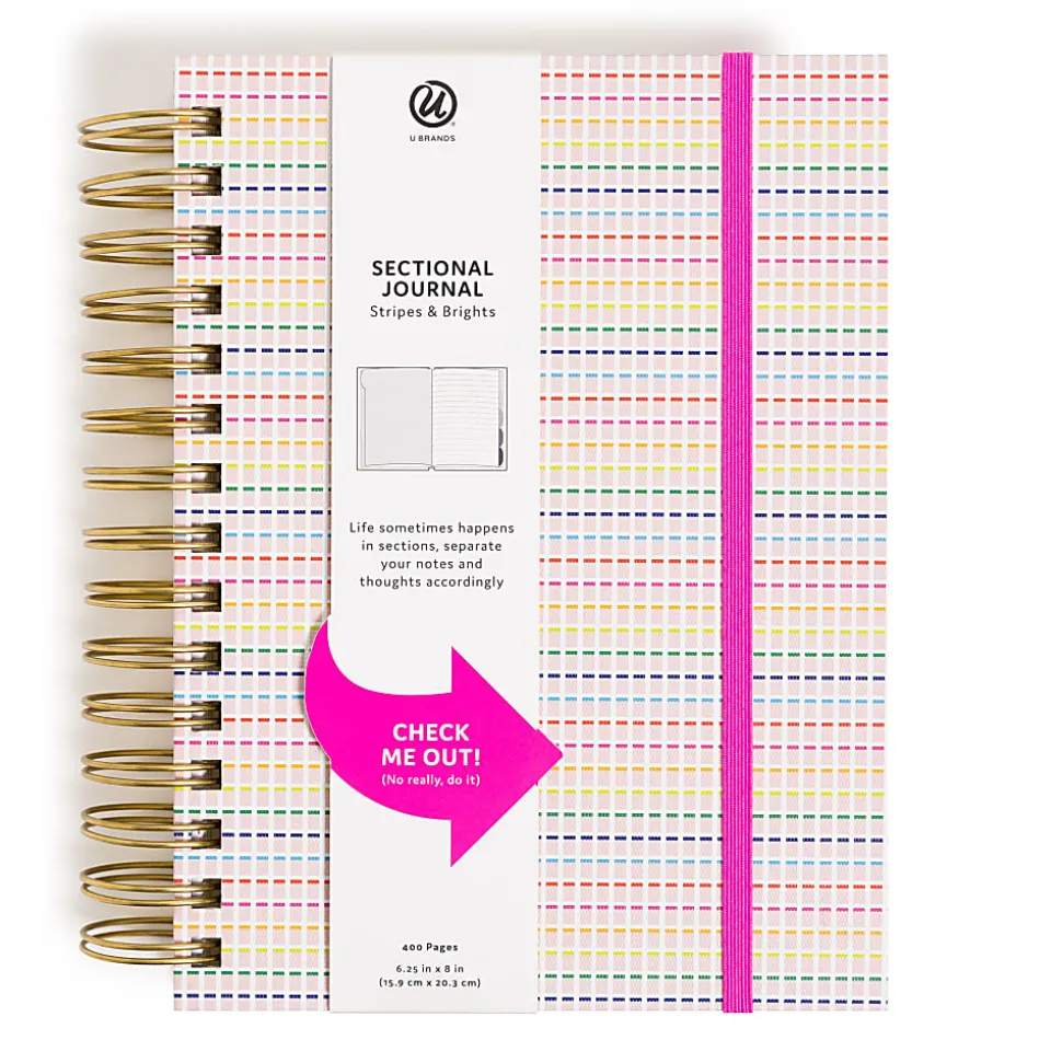 U Brands® 5-Tab Spiral Journal, 6” x 8”, College Rule, 400 Pages (200 Sheets), Stripes & Brights