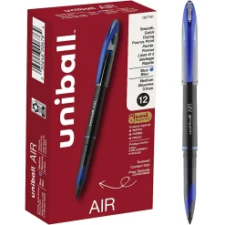 uni-ball® AIR™ Rollerball Pen, Medium Point, 0.7 mm, Black Barrel, Blue Ink, Pack Of 12