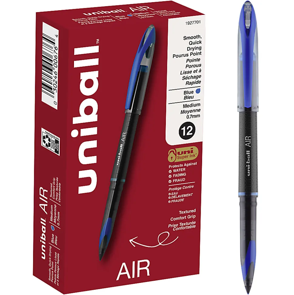 uni-ball® AIR™ Rollerball Pen, Medium Point, 0.7 mm, Black Barrel, Blue Ink, Pack Of 12