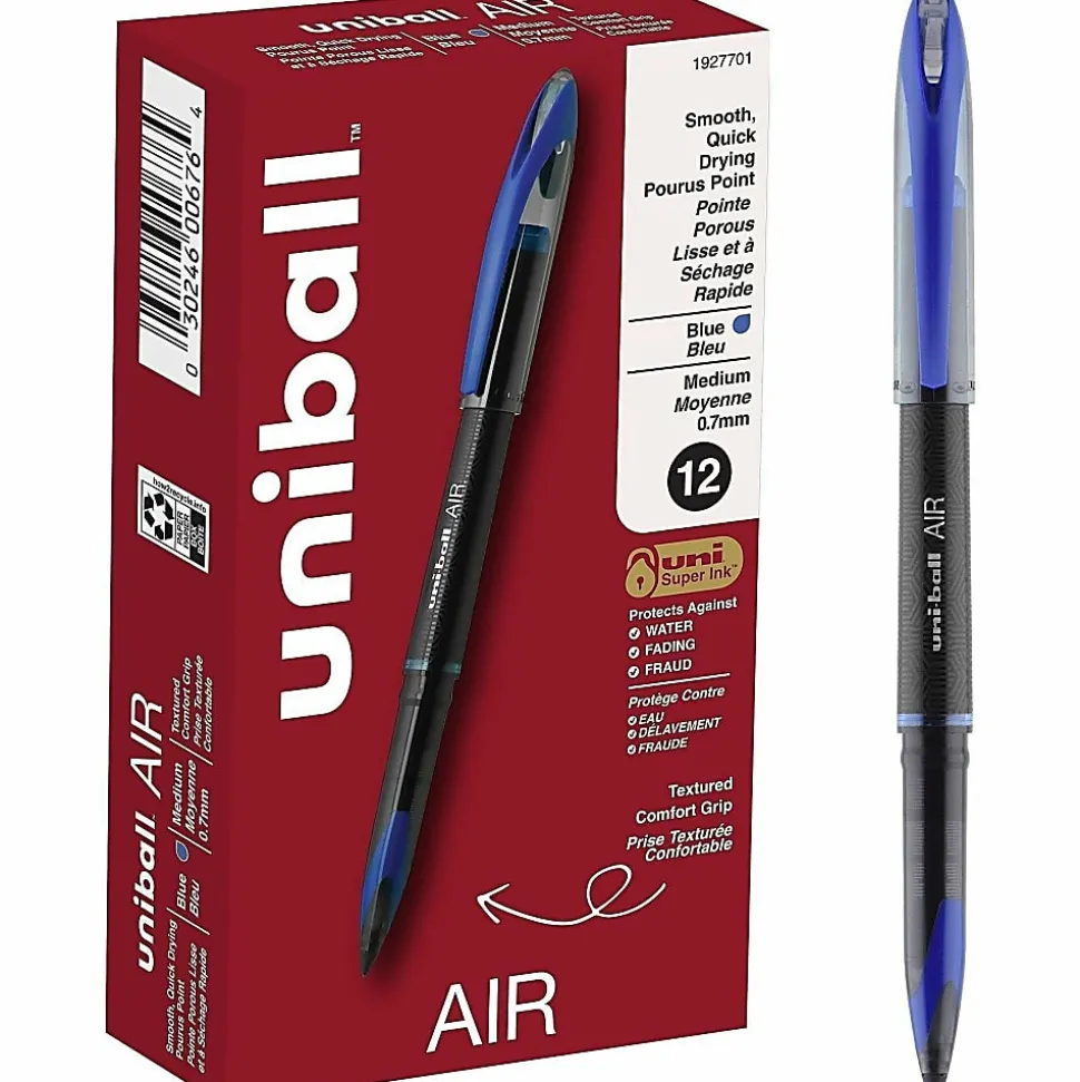 uni-ball® AIR™ Rollerball Pen, Medium Point, 0.7 mm, Black Barrel, Blue Ink, Pack Of 12