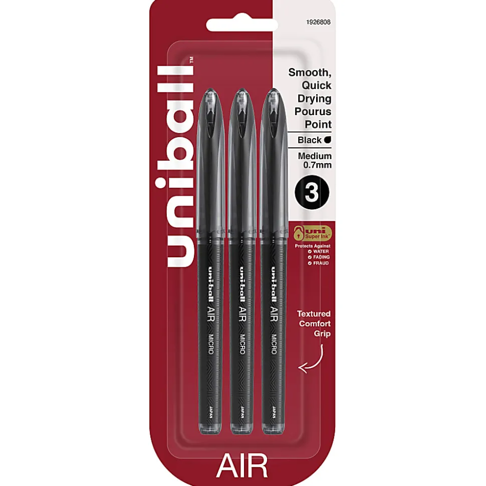 uni-ball® AIR™ Rollerball Pens, Medium Point, 0.7 mm, Black Barrel, Black Ink, Pack Of 3
