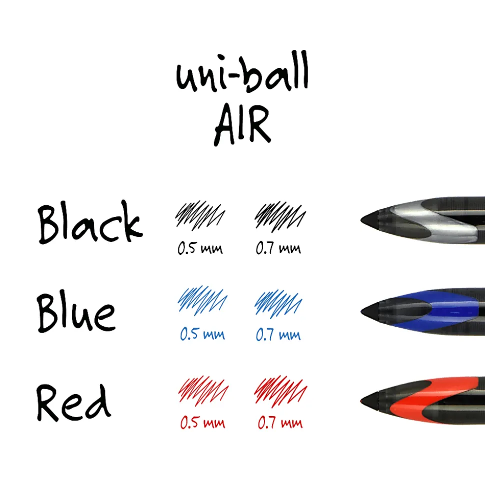 uni-ball® AIR™ Rollerball Pens, Medium Point, 0.7 mm, Black Barrel, Black Ink, Pack Of 3