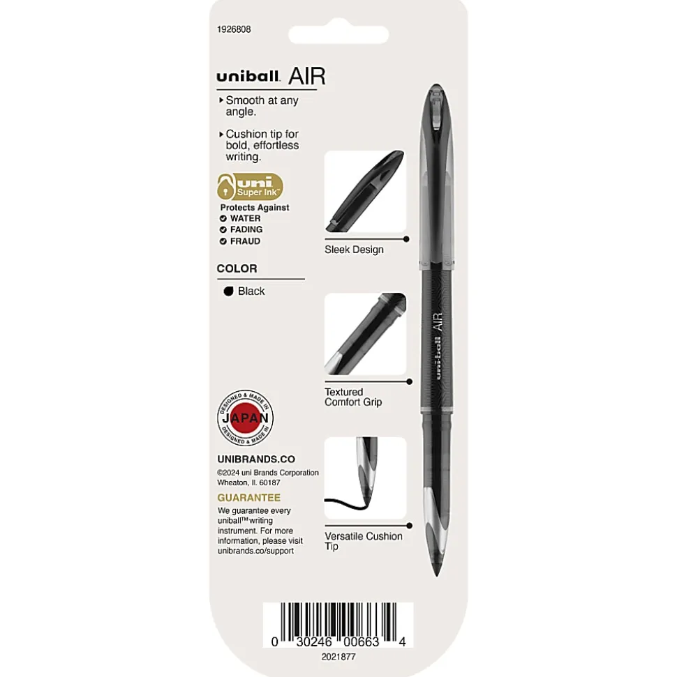 uni-ball® AIR™ Rollerball Pens, Medium Point, 0.7 mm, Black Barrel, Black Ink, Pack Of 3