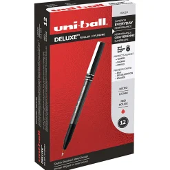 uni-ball® Deluxe Rollerball Pens, Micro Point, 0.5 mm, Charcoal Barrel, Red Ink, Pack Of 12